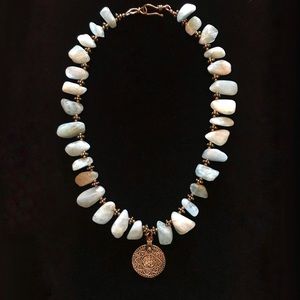 Tribal Aquamarine Beaded Necklace w/ Coin Pendant